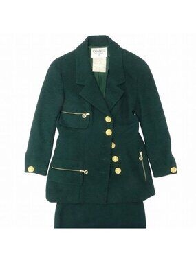 Chanel Set Suit Tweed Jacket Skirt Gold Button Green 38 M Vintage